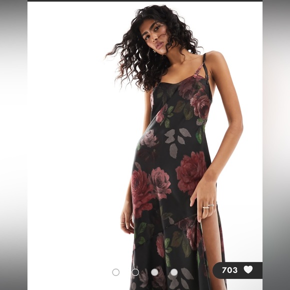 ASOS DESIGN satin buckle strap maxi dress with fuller skirt in black rose print - Picture 3 of 4
